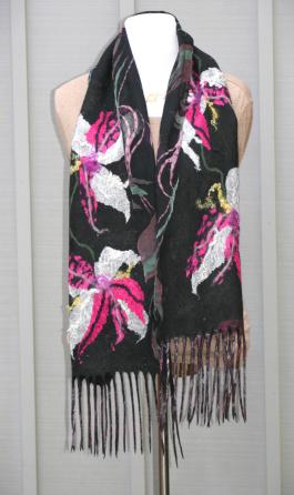 Black Nuno Scarf with pink and white flowers and tassels